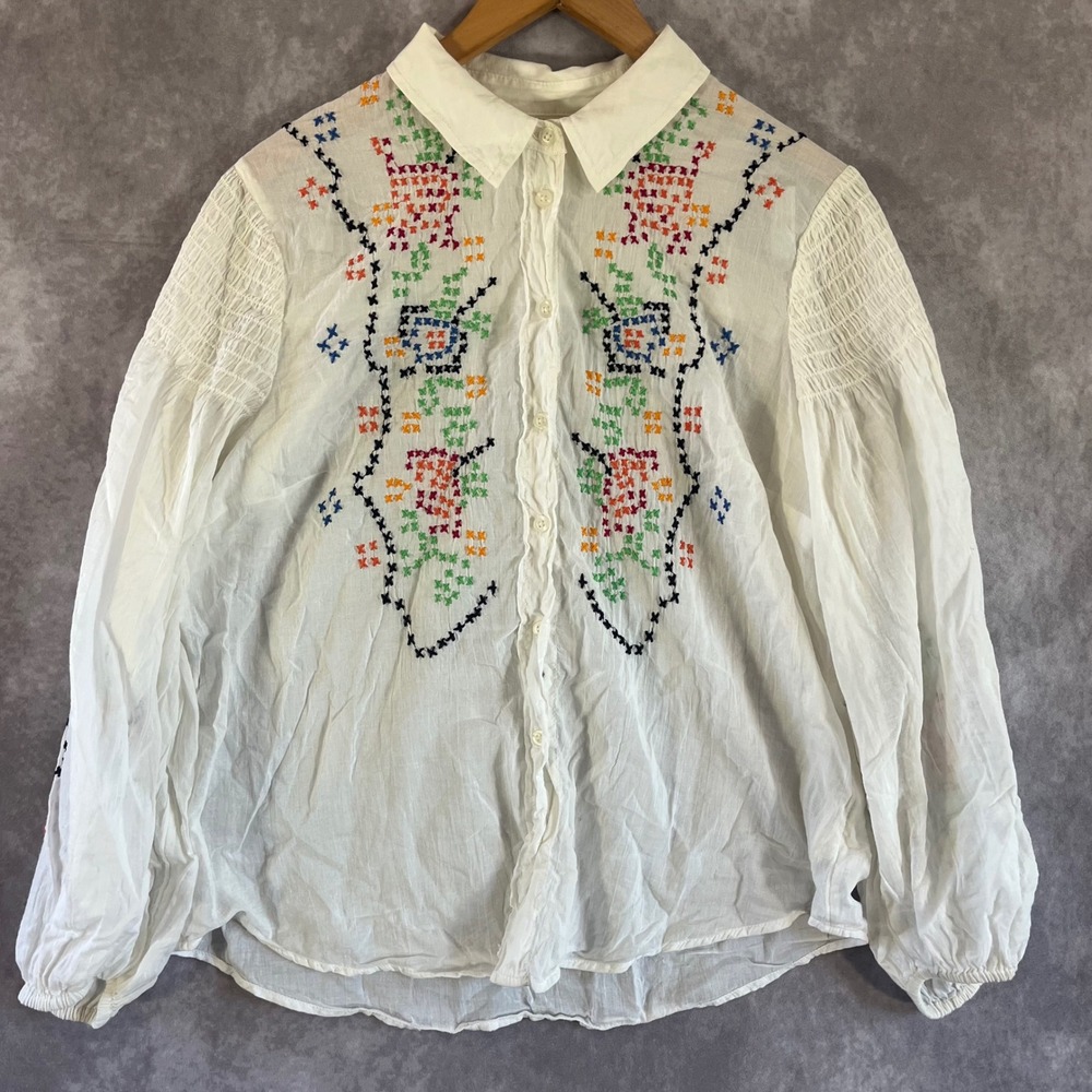 Anthropologie White Embroidered Button-Down Blouse